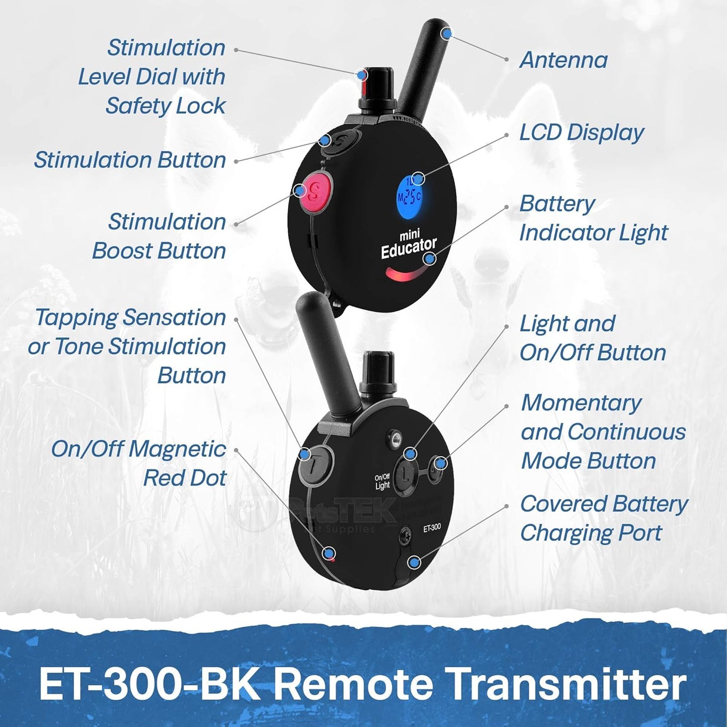- ET-300 Black - Ecollar Dog Training Collar with Remote Control - 1/2 Mile Range, Waterproof, Rechargeable, 100 Training Stimulation Levels, Vibration and Tone W/Petstek Training Clicker