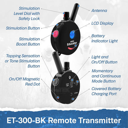 - ET-300 Black - Ecollar Dog Training Collar with Remote Control - 1/2 Mile Range, Waterproof, Rechargeable, 100 Training Stimulation Levels, Vibration and Tone W/Petstek Training Clicker